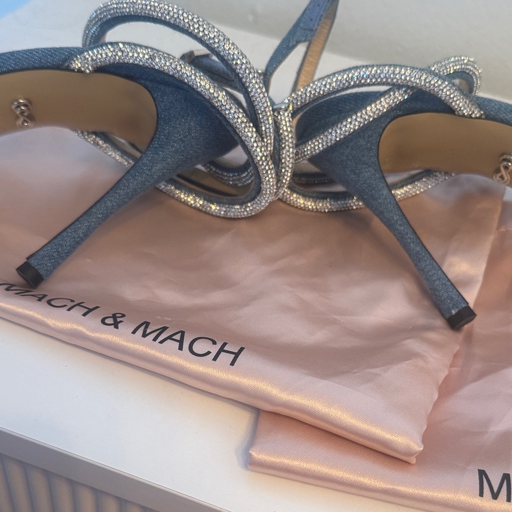 MACH & MACH Denim and Silver Bow Heels - Picture 5 of 9